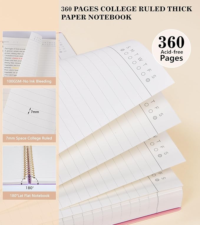 Pink Spiral Notebook Journal,360 Pages College Ruled Notebook, Lined Thick Journals for Women Men,A5 Thick Spiral Journal for Writing,100GSM Paper, Spiral Notebooks for Work School 5.5"x8.5"-DeskLoop Office