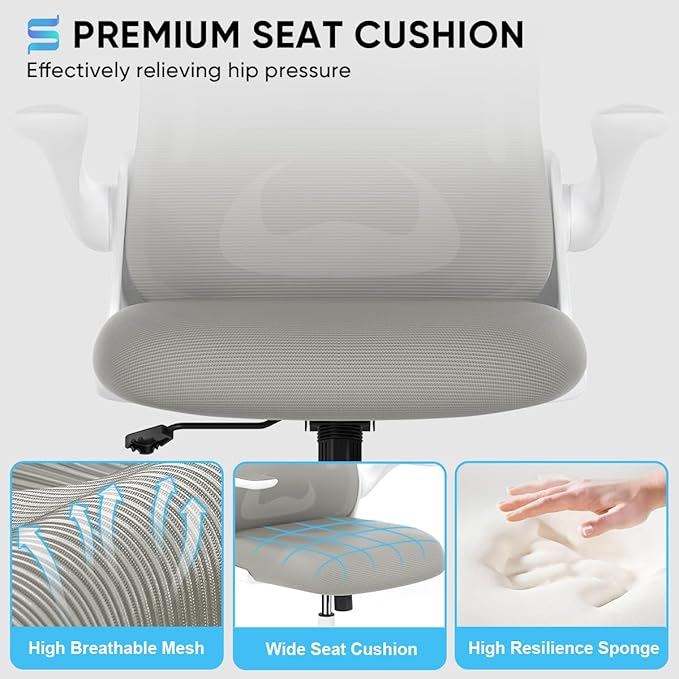 Sytas Ergonomic Desk Chair with Padded Flip up Arms and Supportive Lumbar Support, Breathable Mesh Home Office Chair with Comfortable Cushion for Home or Office(Gray)-DeskLoop Office