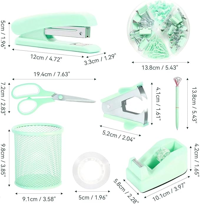 Green Desk Accessories, Pink Office Supplies Set with Stapler, Tape Dispenser, Staple Remover, Pen Holder, Scissor, Binder/Paper Clips, Ballpoint Pen, Clear Tape and 1000pcs Staples-DeskLoop Office