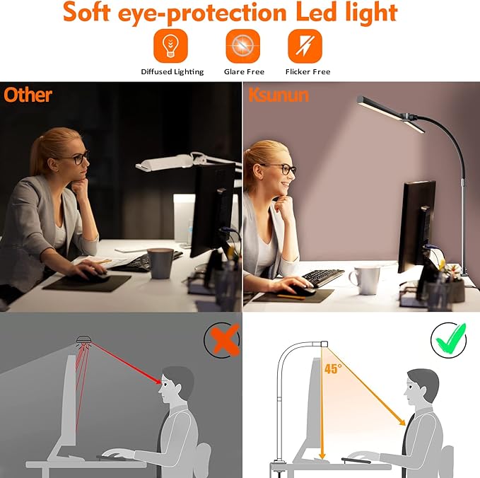 Double Head LED Desk Lamp, Architect Desk Lamps for Home Office, 24W Brightest Workbench Office Lighting-5 Color Modes and 5 Dimmable Eye Protection Modern Desk Lamp for Monitor Reading-DeskLoop Office
