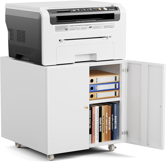 Warmiehomy Metal Printer Stand with Storage Mobile Printer Tables for Small Spaces with Door Adjustable Shelf File Cabinet on Wheels for Home Office (White)-DeskLoop Office