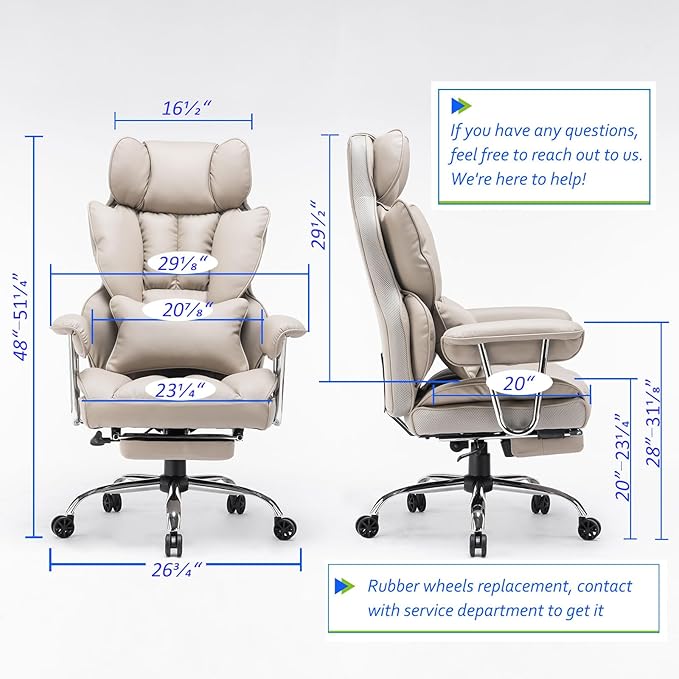 Efomao Big and Tall Office Chair 400lbs – High Back PU Leather Executive Chair with Lumbar Support, Footrest, Swivel Base, Padded Armrests, and Rolling Wheels for Home Office, Grey Computer Chair-DeskLoop Office