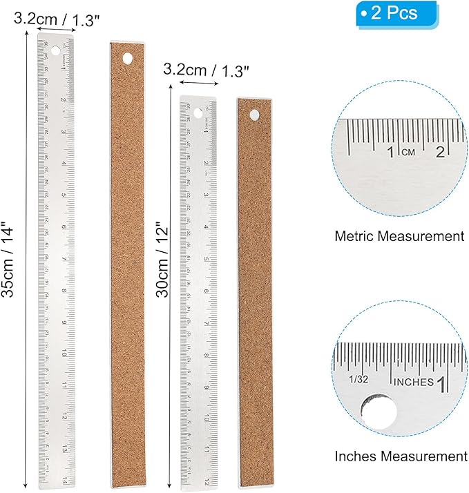 PATIKIL 12, 14 Inch Stainless Steel Straight Edge Ruler, 2 Pcs Cork Backing Non-Slip Metal Ruler with Inches Centimeter Metric Measuring Tools for Office-DeskLoop Office