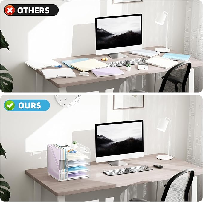 Marbrasse Desk Organizers and Accessories, 5-Tier Paper Letter Tray Organizer with File Holder, Mesh File Organizer, Office Desk Accessories & Organization for Supplies (White)-DeskLoop Office