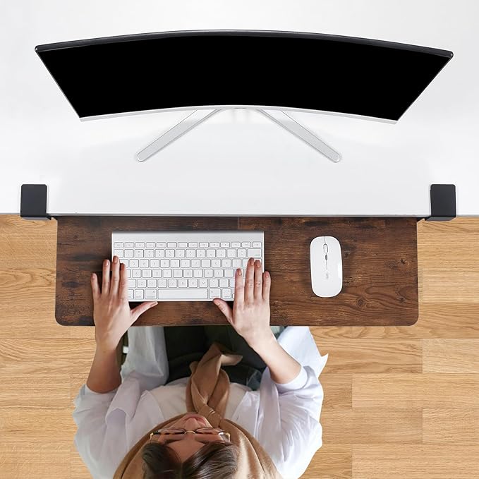 Keyboard Tray Under Desk with Drawer,26.77" X 11.81"Large Size Keyboard Tray with C Clamp-on Mount, Easy to Install, for Home Office (Mahogany)-DeskLoop Office