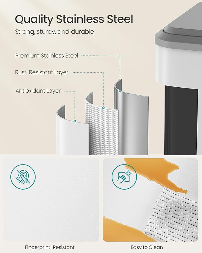 SONGMICS Trash Can, 2 x 8 Gallon (2 x 30 L) Double Garabge Can for Recycling and Waste, Stainless Steel, Soft-Close Lid, Inner Buckets, Wide Sturdy Pedal, Cloud White ULTB556W01-DeskLoop Office