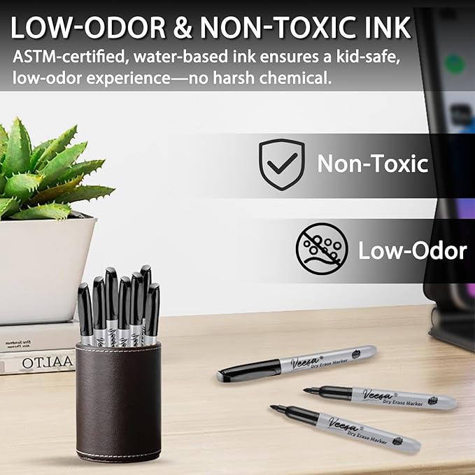 VEESA Dry Erase Markers Black, Fine Tip, 75 Count Low-Odor Whiteboard Marker Pens, Back to School Supplies, Office Series-DeskLoop Office