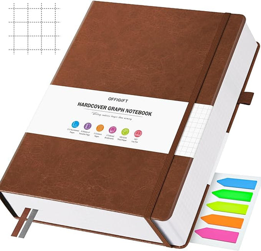 Graph Paper Notebook, 312 Numbered Pages Large A5 Hardcover Leather Journal, 100gsm No Bleed Grid Paper Notebook with Index Pages, Grid Notebook for Graphing Notes Math, 5.75" x 8.38", Brown-DeskLoop Office