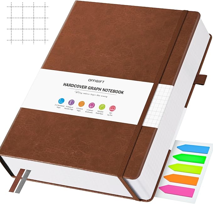 Graph Paper Notebook, 312 Numbered Pages Large B5 Hardcover Leather Journal, 100gsm No Bleed Grid Paper Notebook with Index Pages, Grid Notebook for Graphing Notes Math, 7.6'' X 10'', Brown-DeskLoop Office