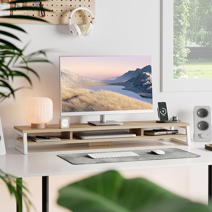 Fenge Dual Monitor Stand for Desk, 42.5in Large Monitor Riser for 2 Monitors, 2 Tier Computer Office Desk Top Shelf, Desktop Storage Stand for Laptop, PC, Computer, Printer-DeskLoop Office