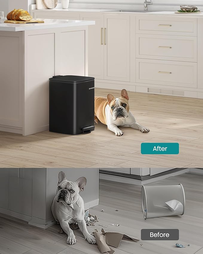 SONGMICS Kitchen Trash Can, 5.2-Gallon (20 L) Trash Bin, Stainless Steel Garbage Can, with Inner Bucket, Soft Close and Stays Open, Ink Black ULTB592B01-DeskLoop Office