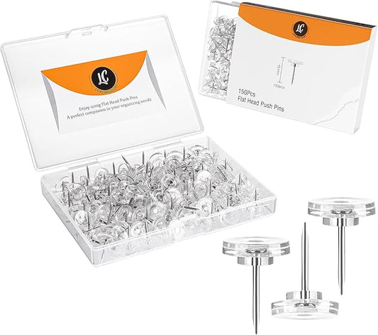 150 Pack Clear Push Pins Tacks by Luxurecourt, Flat Head Thumbtacks for Bulletin Board, Wall Hanging, Cork Board, Shadow Box, Heavy Duty Plastic Head with Steel Point in Reusable Storage Box.-DeskLoop Office