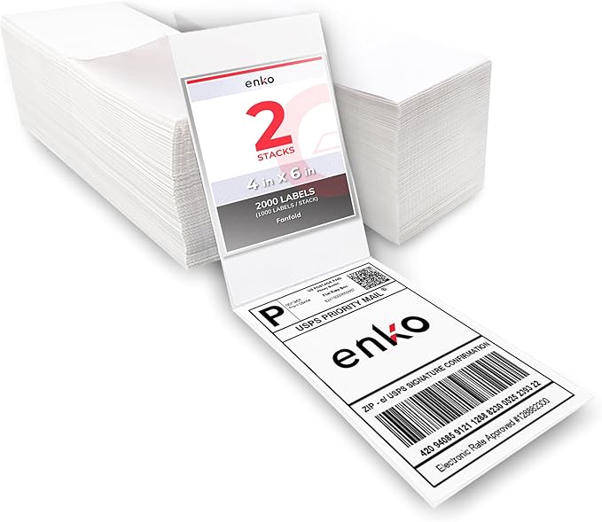 enKo 2 Stacks/2000 Labels 4"x6" Fanfold Direct Thermal Labels Compatible for Rollo Zebra Printer - Shipping Mailing Postage Labels, Perforated, Permanent Adhesive (2 Labels/Fold | 1000 Labels/Stack)-DeskLoop Office