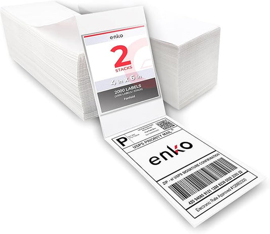 enKo 2 Stacks/2000 Labels 4"x6" Fanfold Direct Thermal Labels Compatible for Rollo Zebra Printer - Shipping Mailing Postage Labels, Perforated, Permanent Adhesive (2 Labels/Fold | 1000 Labels/Stack)-DeskLoop Office