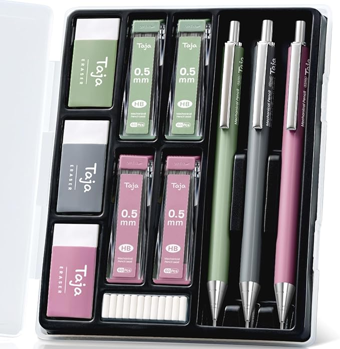 Aesthetic 0.5mm Mechanical Pencil Set with Case – 3 Vintage Mechanical Pencils, 4 Tubes HB #2 Lead Refills, 3 Erasers & 12 Eraser Refills, Cute Pencil Kit for Back to School Stationery Supplies-DeskLoop Office