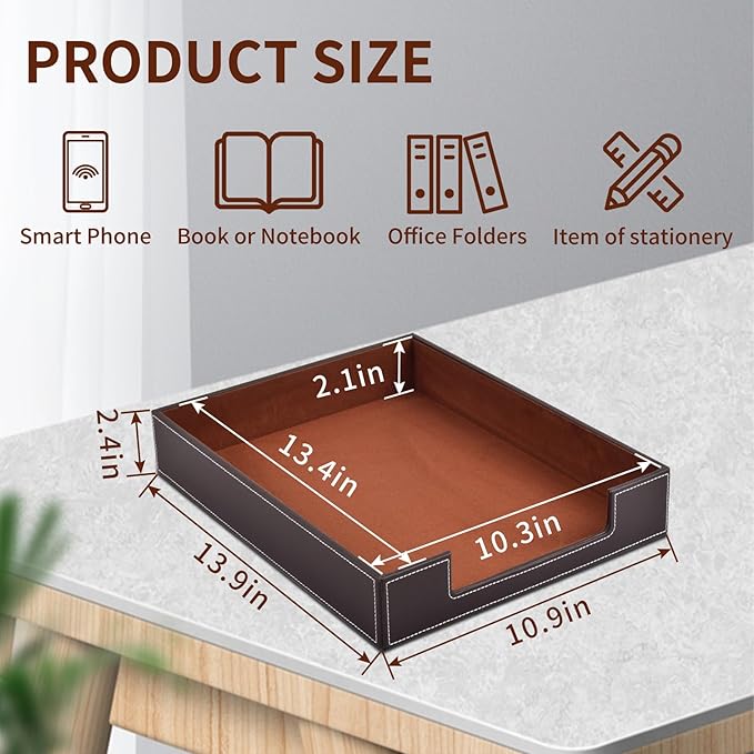 PU Leather 1-Layer Stackable Office File Document Tray Case Rack Paper Letter Tray Desk File Document Organizer Holder (Coffee)-DeskLoop Office