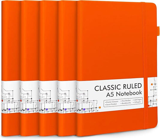 5 Pack Journal Notebook Bulk for School, Feela Hardcover Business Notebooks Classic Ruled Lined Journals with Pen Holder for Work Note Taking, with 5 Black Pens, 120 GSM, 5.1”x8.3”, A5, Orange-DeskLoop Office