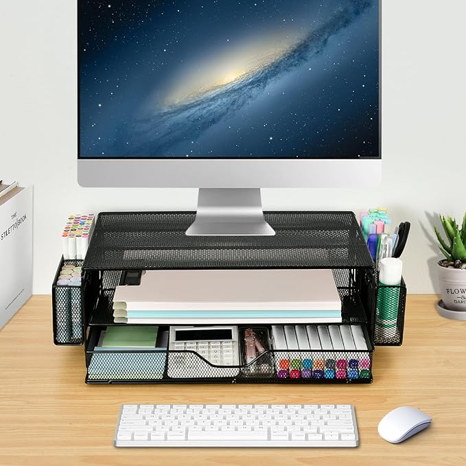 AUPSEN 2 Tier Computer Monitor Stands with Drawer and 2 Pencil Holder, Metal Monitor Stand Monitor riser, Computer Desk Organizer and Accessories for Laptop, Computer, Printer, Office Supplies(Black)-DeskLoop Office