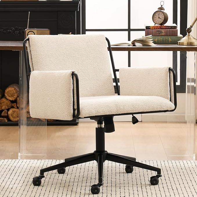 Kidol & Shellder Office Desk Chair Set of 4 with Arm, Swivel Adjustable Height with Wheels Comfortable Wide Seat for Home Office, Bedroom, Makeup Room, Beige-DeskLoop Office