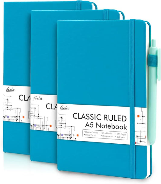 feela 3 Pack Notebooks Journals Bulk, Hardcover Notebook Classic Ruled Lined Journal Set with Pen Holder for Work Business Journaling Note Taking, with 3 Black Pens, 120 GSM, 5.1”x8.3”, A5, Teal-DeskLoop Office