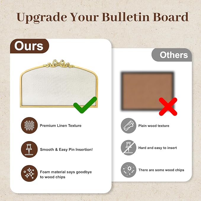 Vintage Arched Linen Cork Board with Gold Bowknot – Decorative Bulletin Board for Walls, Iron Frame Pin Board for Notes, Photos & Reminders, Elegant Vision Board for Home & Office 24"x 15"-DeskLoop Office