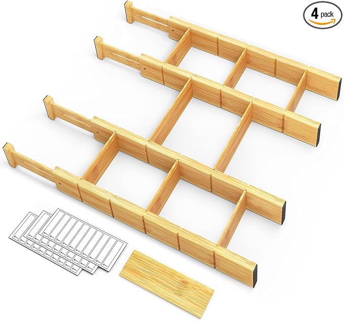 SpaceAid Bamboo Drawer Dividers with Inserts and Labels, Kitchen Adjustable Drawer Organizers, Expandable Organization for Home, Office, Dressers, 4 Dividers with 9 Inserts (17"-22" Natural)-DeskLoop Office