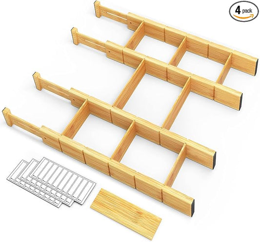 SpaceAid Bamboo Drawer Dividers with Inserts and Labels, Kitchen Adjustable Drawer Organizers, Expandable Organization for Home, Office, Dressers, 4 Dividers with 9 Inserts (17"-22" Natural)-DeskLoop Office