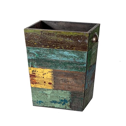 TIMRIS Small Wood Trash Can Wastebasket, Farmhouse Rectangular Garbage Can Waste Basket, Rustic Distressed Boho Wooden Trash Recycling Bin with Metal Handles, Reclaimed Wood Storage Basket (Random)-DeskLoop Office