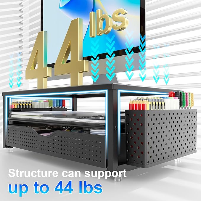 gianotter Desk Organizers and Accessories, Monitor Stand with Drawer and 2 Pen Holder, Desktop Organizer Suitable for Offices and Dormitories (Black)-DeskLoop Office