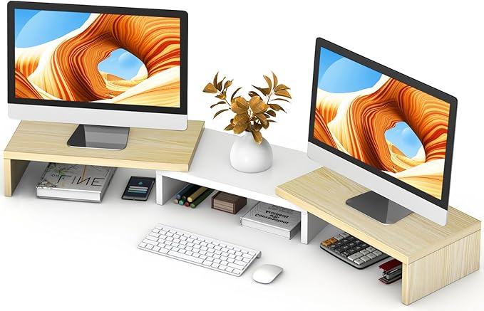 TAVR Dual Monitor Stand Riser, Computer Monitor Stands for 2 Monitors, Extra Long Multifunctional Desktop Organizer Riser for Computer, Laptop, PC, Printer, TV, Max 48.2" Length, Oak-DeskLoop Office