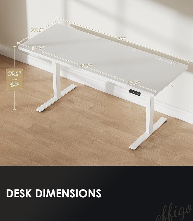 OffiGo Electric Standing Desk with 3-Piece Board, 79 Inch Height Adjustable Large Desk with Power Outlets, Sit Stand Table, Writing Computer Workstation for Home, Office, White-DeskLoop Office
