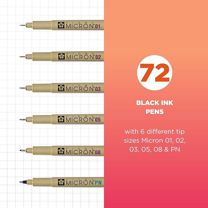 SAKURA Pigma Micron Fineliner Pens - Archival Black Ink Pens - for Writing or Drawing for Artists, Crafters & DIY Gifts Projects - Assorted Point Sizes - 72 Count-DeskLoop Office