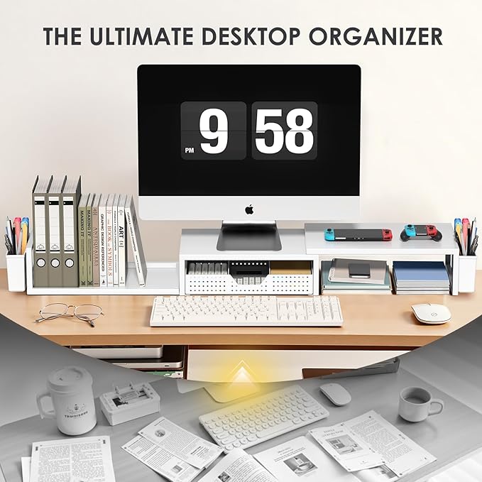 White Dual Monitor Stand Riser, Metal Desk Organizers and Accessories with Drawer and 2 Pen Holders, Computer Monitor Stand for Desk-DeskLoop Office