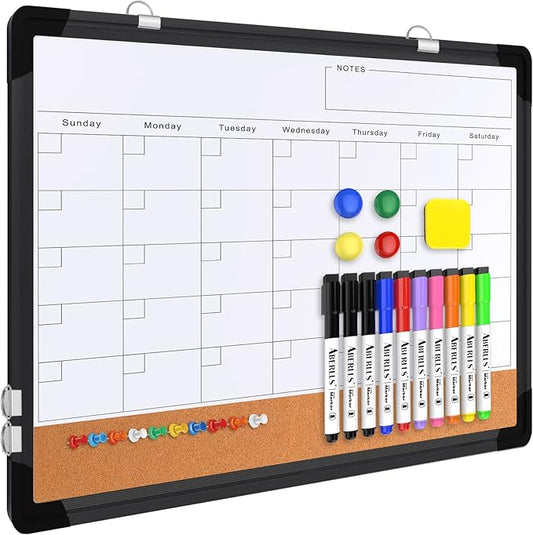 Monthly Calendar Whiteboard Dry Erase Cork Board Combination for Wall, 17x13 Magnetic Dry Erase Board, Double-Sided White Board, Portable Board for Office, Planning, Memo, School, Home (Black)-DeskLoop Office