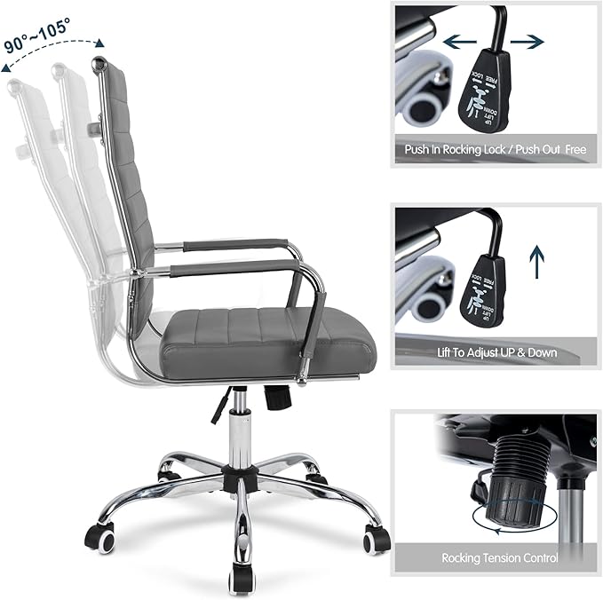 Home Office Chair Ribbed, Modern Leather Conference Room Chairs, Ergonomic Office Desk Chair, High Back Executive Computer Chair, Adjustable Swivel Chair with Arms (Grey)-DeskLoop Office