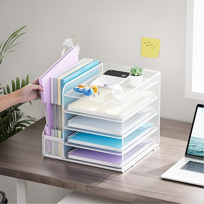 Marbrasse Desk Organizers and Accessories, 5-Tier Paper Letter Tray Organizer with File Holder, Mesh File Organizer, Office Desk Accessories & Organization for Supplies (White)-DeskLoop Office