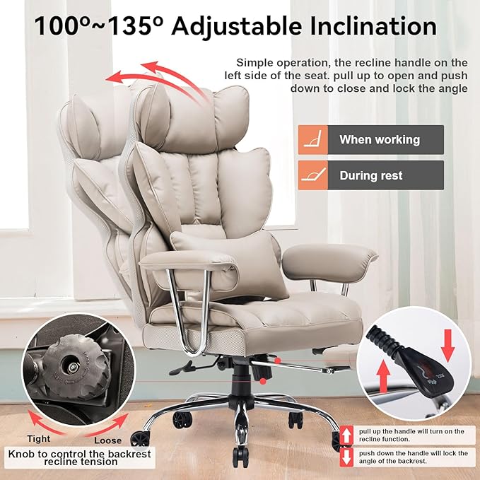 Efomao Big and Tall Office Chair 400lbs – High Back PU Leather Executive Chair with Lumbar Support, Footrest, Swivel Base, Padded Armrests, and Rolling Wheels for Home Office, Grey Computer Chair-DeskLoop Office