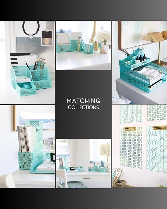 BLU MONACO Floral Magazine Holder, Set of 4 Foldable Magazine File Boxes, Aqua Floral Pattern with Gold Label Holder, Vertical Desk Organizer and Binder Holder-DeskLoop Office