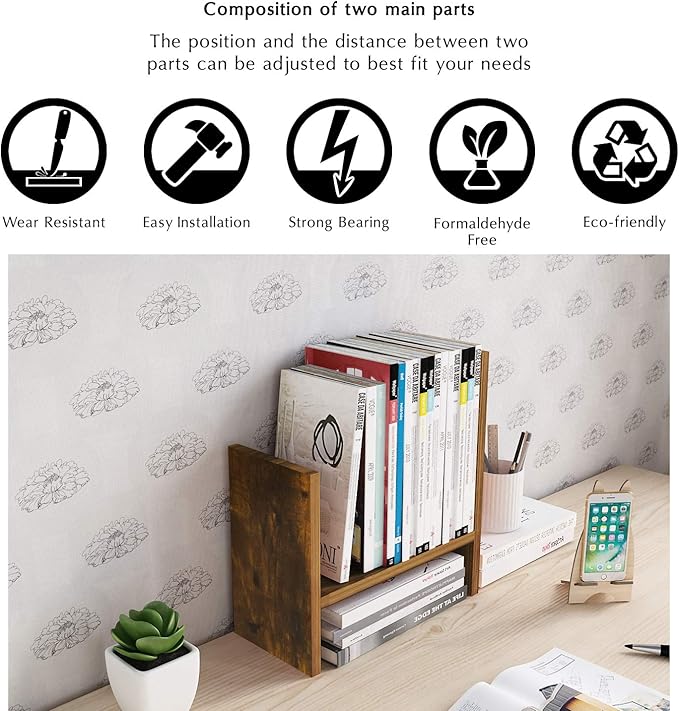 Jerry & Maggie Desktop Organizer Office Storage Rack Adjustable Wood Display Shelf Free Style Double H, Multi-Functional Mini Bookshelf for Desk Natural Stand (Natural Wood Tone)-DeskLoop Office
