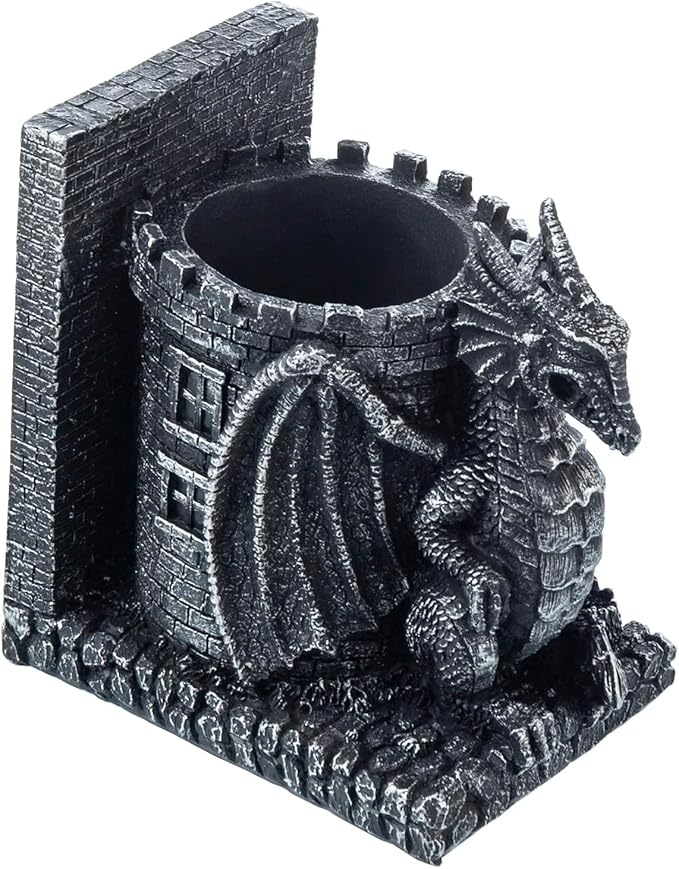 MyGift Gothic Black Resin Dragon Guarding Castle Pencil Cup Bookends, Office Desk Book Ends with Decorative Fantasy Dragons and Stone Tower Pen Holders, 1 Pair-DeskLoop Office