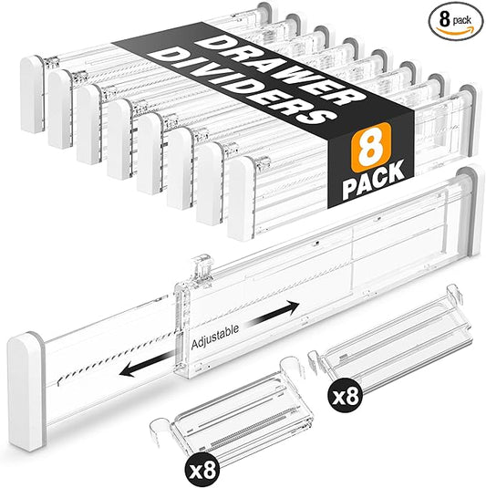 HiYZ Expandable Drawer Dividers with Inserts - 2.36'' High Adjustable Drawer Organizers Separators for Kitchen, Bedroom, Dresser, Office, 8 Long Dividers(12.6-22.8'') with 16 Inserts(3.9-7.1'')-Clear-DeskLoop Office