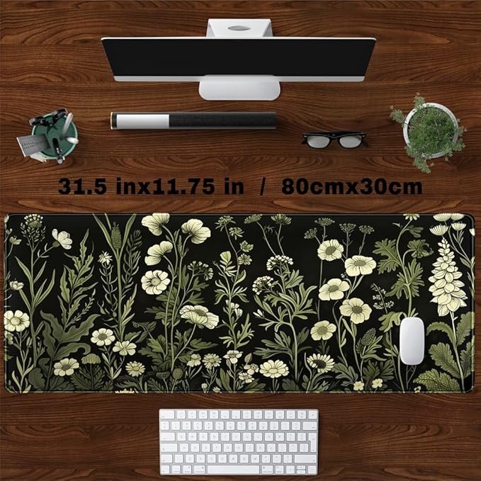 Floral Green Plant Mouse Pad Aesthetic Vintage Desk Pad Black Extended Mouse Pad Large Desk Mat for Desktop Keyboard Pad and Office Home Work Mouse Pad XXL Laptop Computer Mat 31.5 X 11.8 in-DeskLoop Office