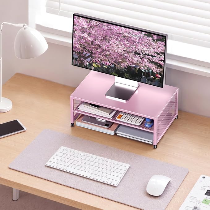 Computer Monitor Stand Riser, Desk Organizers and Accessories, Printer & Laptop Stand, Office Desk Accessories & Desktop Workspace Organizers for Office Supplies (Pink)-DeskLoop Office
