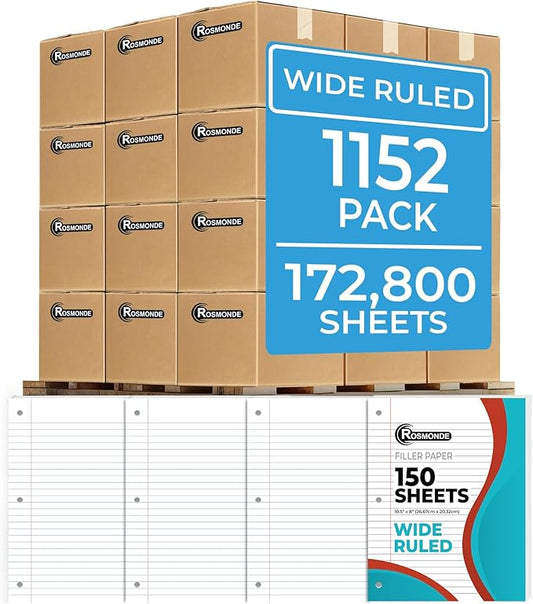 1152 Pack (Pallet) Loose Leaf Paper Bulk, 172800 Sheets, Wide Ruled, Pallet of Filler Paper, 150 Sheets/Pack, 8 x 10.5", 3 Hole Punched, 56 Gsm Thick Sheets, School & Office, 4-7 Days Transit-DeskLoop Office