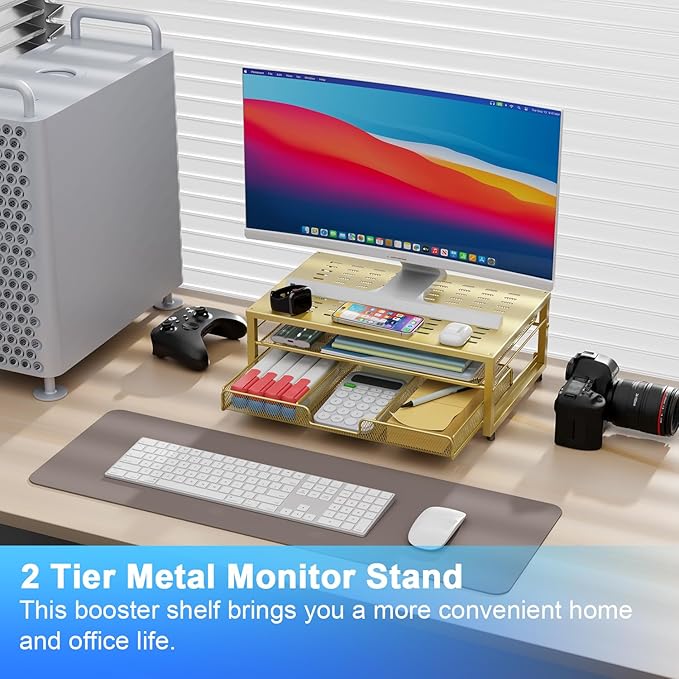gianotter Computer Monitor Stand Riser, office organizer with Drawer, Office Organizers Storage for Classroom Office Supplies (Gold)-DeskLoop Office