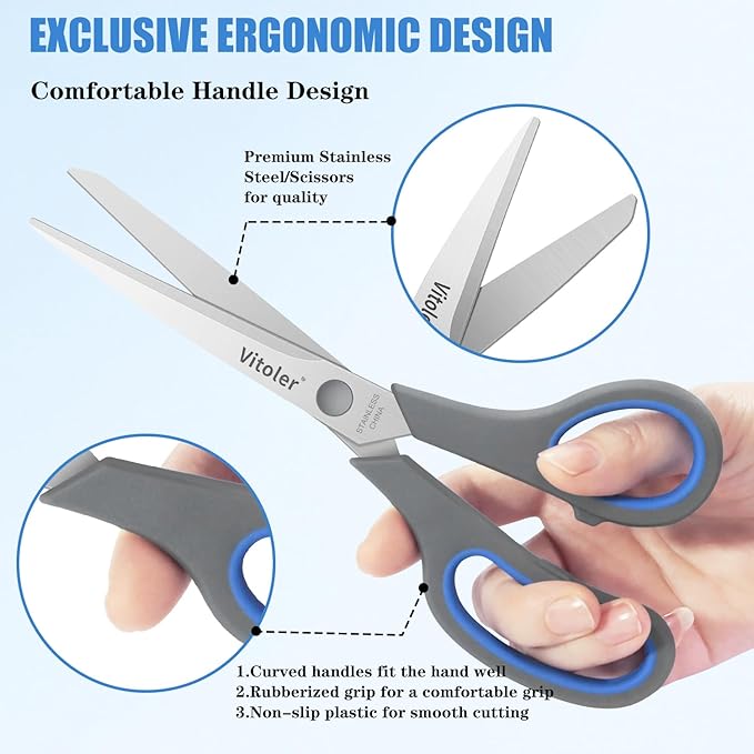 Vitoler Scissors, Heavy Duty Scissors All Purpose Bulk Set of 3-Pack,Sharp Scissor for Office School Craft Sewing Fabric, Right/Left Hand