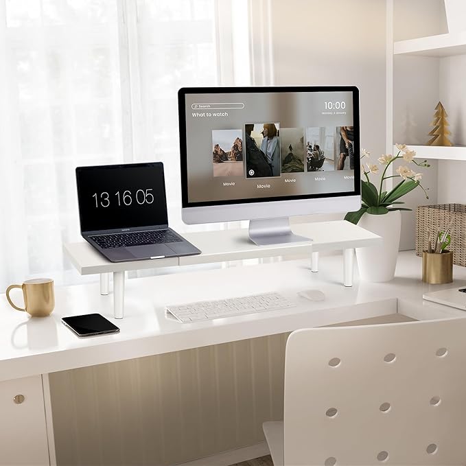 Dual-Monitor-Stand-Riser-For-Desk Adjustable Length 32-40 Inch,Large Desktop Computer Monitor Riser For 2 Screens,Desk Shelf Organizer Riser Stand For Computer/Laptop/PC/Printer/TV White-DeskLoop Office