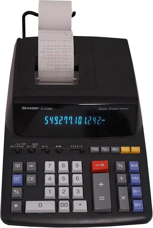 Sharp 12-Digit Print Calculator Desktop Size Adding Machine, Perfect for Everyday Use and Office, Bright, Large Easy-to-Read Numbers on Both The Display and The Two-ColorPrinted Tape (EL2196BL)-DeskLoop Office