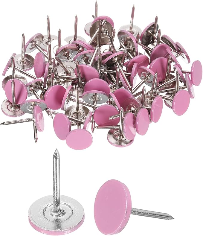 uxcell 150Pcs Upholstery Tacks, 11mmx17mm Flat Head Thumb Tack Decorative Furniture Nails Push Pins for Furniture Sofa Headboards, Pink-DeskLoop Office