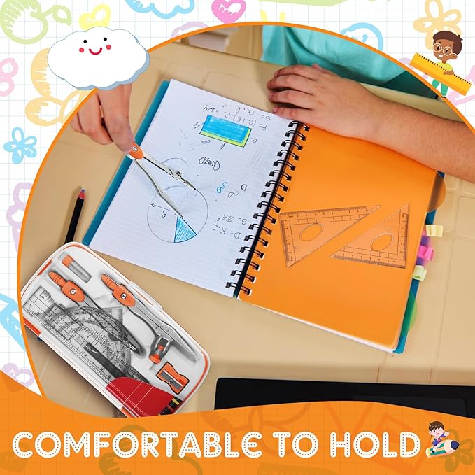 Teling 12 Sets Math Geometry Kit for Students 10 Pcs Compass Geometry Tools Set Includes Rulers Protractor Compass Eraser Pencil Sharpener Lead Refills Pencil (Orange)-DeskLoop Office